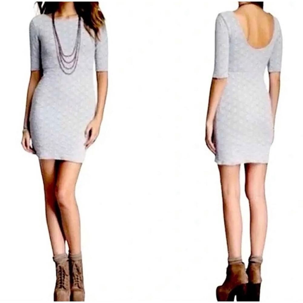 Free People Woman’s Stone Floral Scoop Back Bodycon‎ Dress Elbow Sleeves-Size L